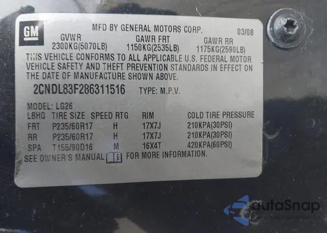 2008 Chevrolet Equinox Ltz z USA, uszkodzony, nr VIN 2CNDL83F286311516